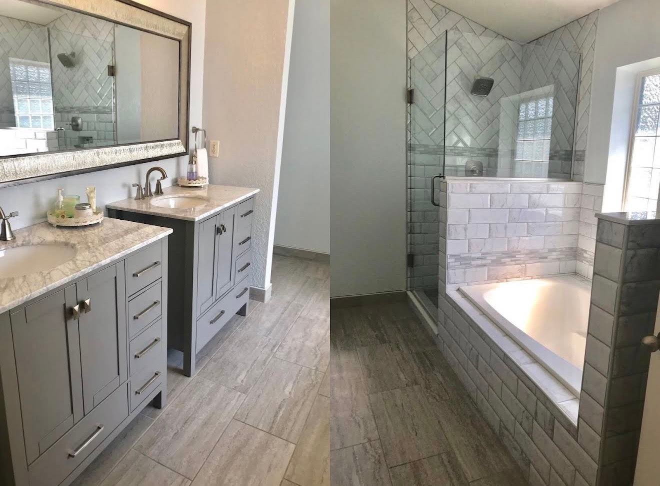 Bathroom remodel showing new vanity and tile tub surround side by side